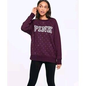 PINK VICTORIA'S SECRET Women's Burgundy Bedazzled Logo Fleece Sweatshirt SMALL